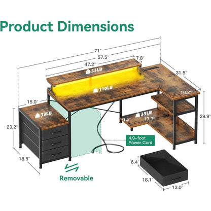 L-Shaped Office Desk with Fabric Drawers