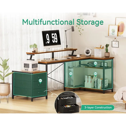 L-Shaped Office Desk with Fabric Drawers
