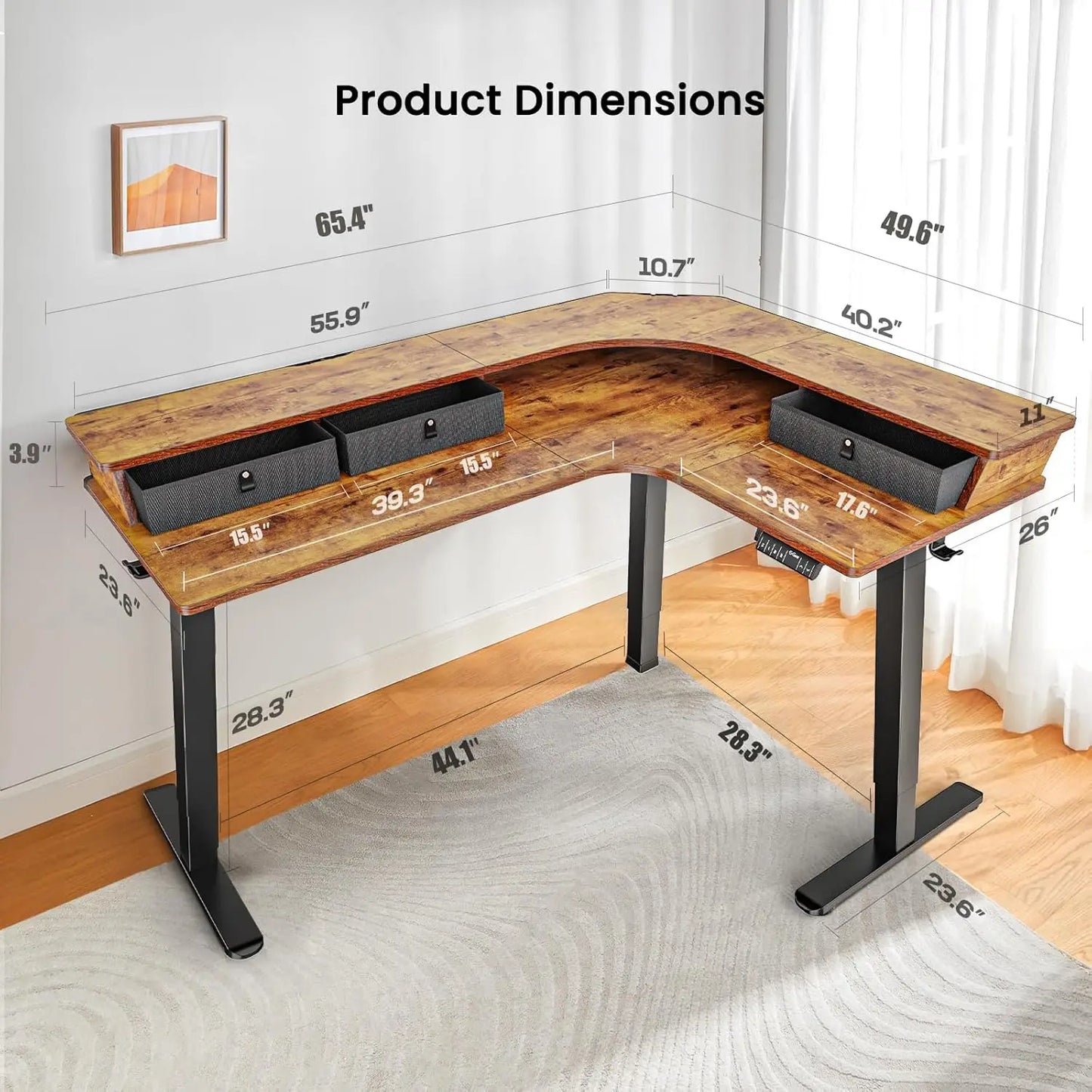 Large Stand Up Desk, 3 Drawers & 2 Cable Management Trays